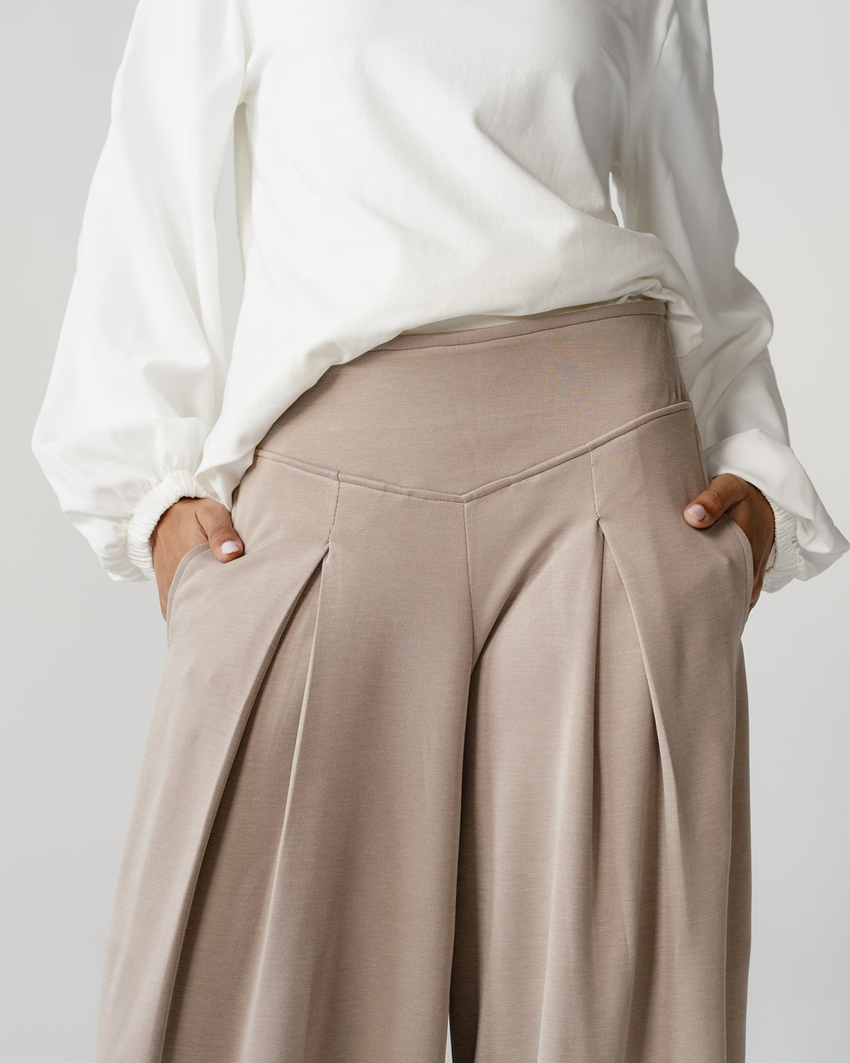 Beige Pleated Wide-Leg Trousers