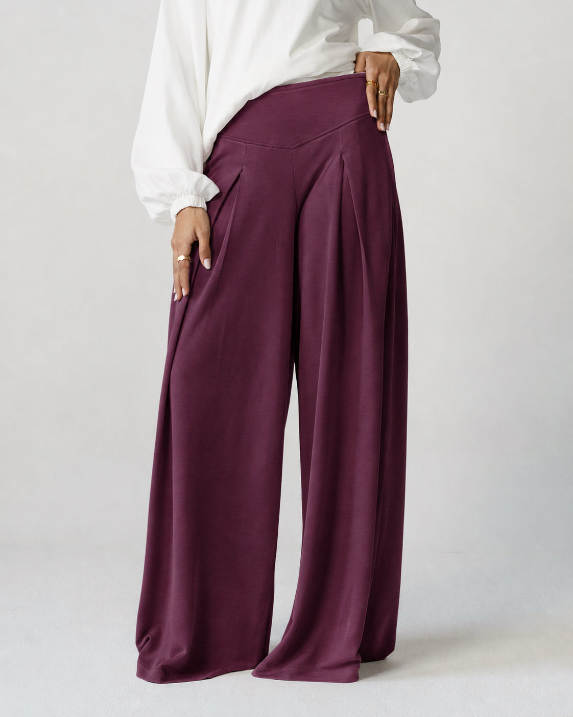 Burgundy Pleated Wide-Leg Trousers