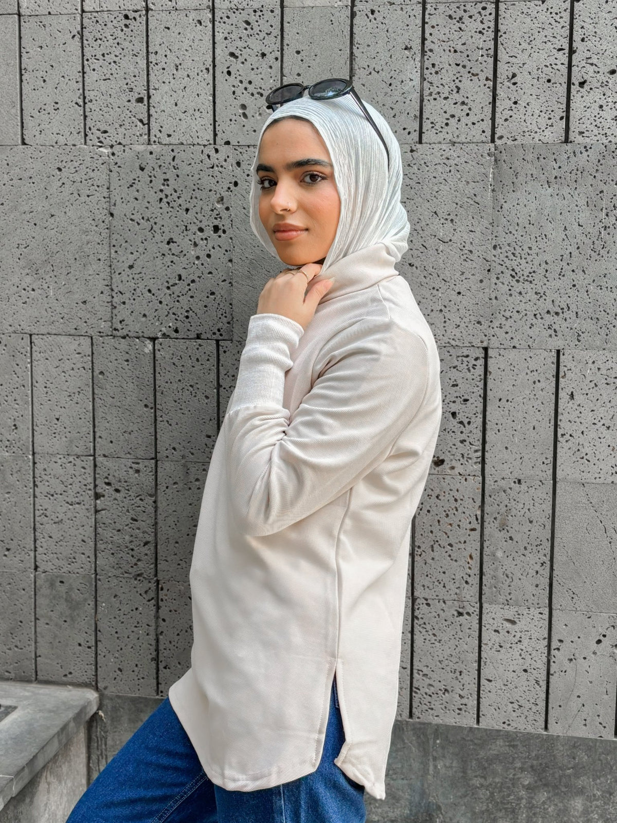 Nude Elevated Cuff High-Neck Top