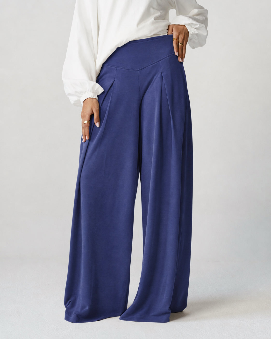 Navy Pleated Wide-Leg Trousers