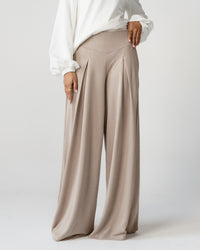 Beige Pleated Wide-Leg Trousers