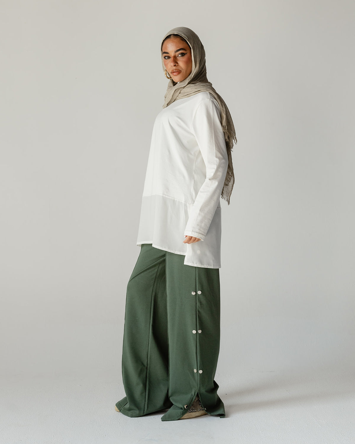 Olive Side Button Wide Pants