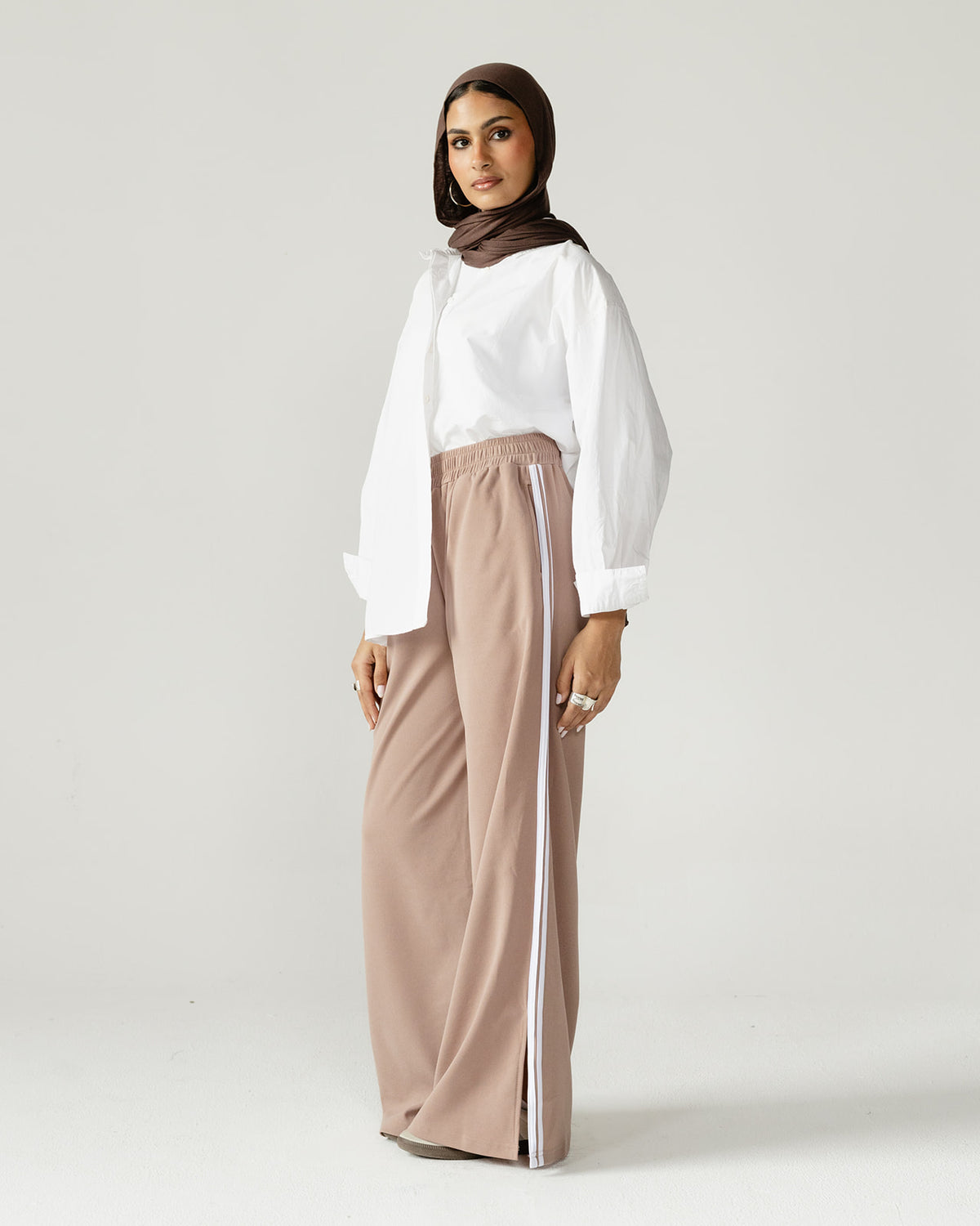 Beige Side Stripe Wide Pants