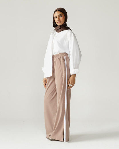 Beige Side Stripe Wide Pants