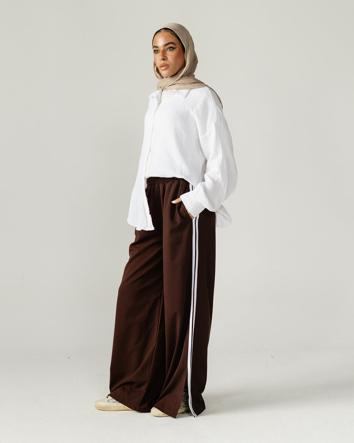 Brown Side Stripe Wide Pants