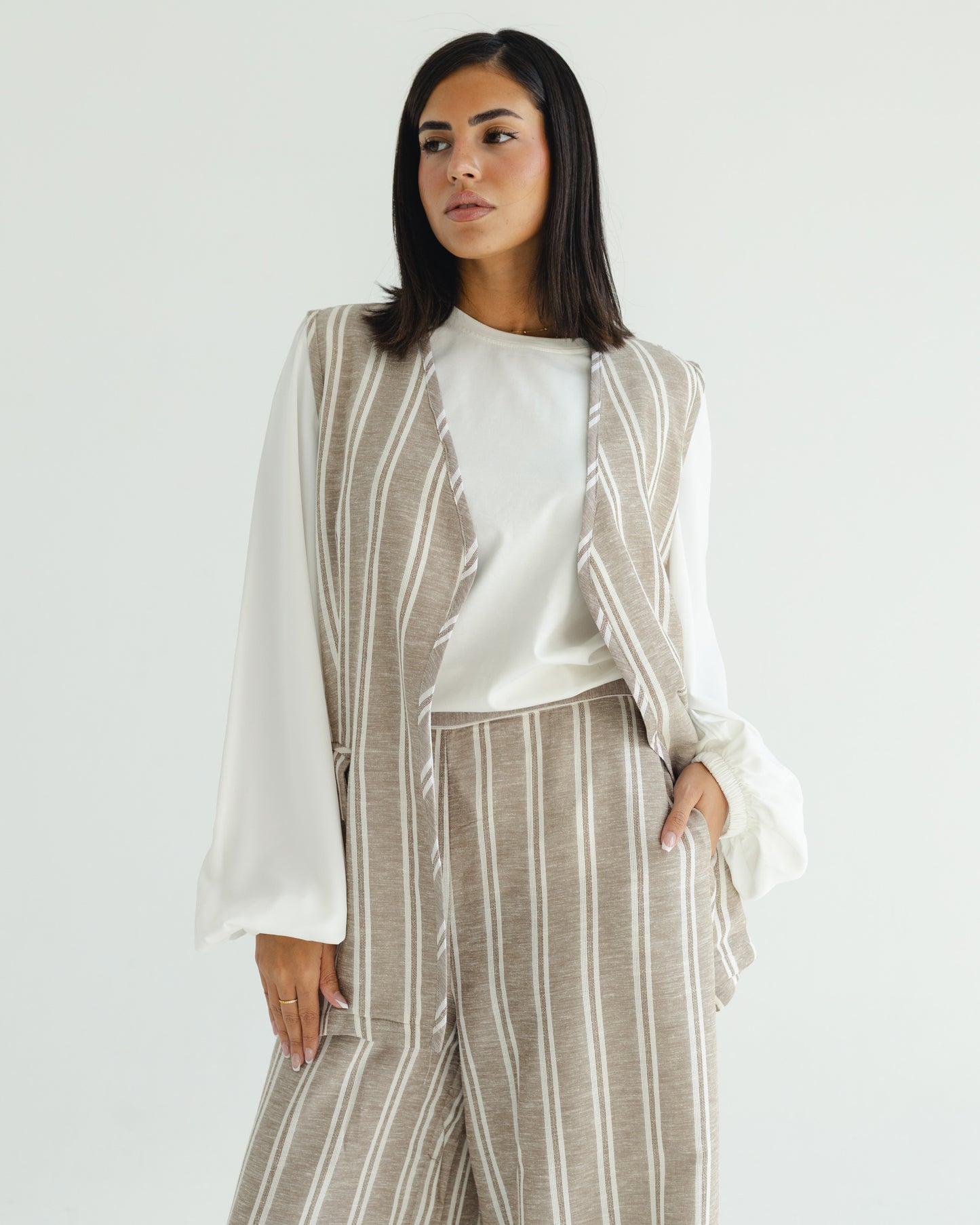 Beige Pinstripe Vest Set