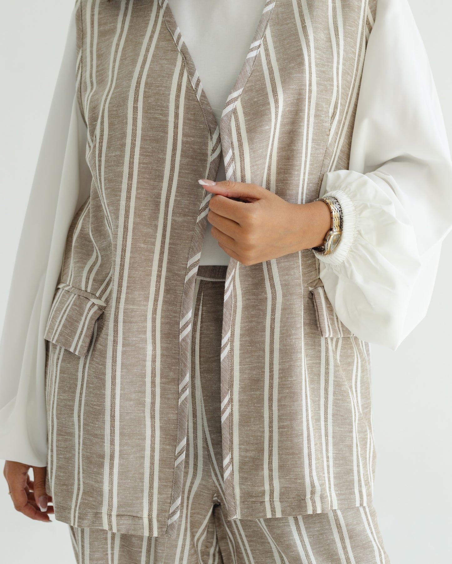 Beige Pinstripe Vest Set