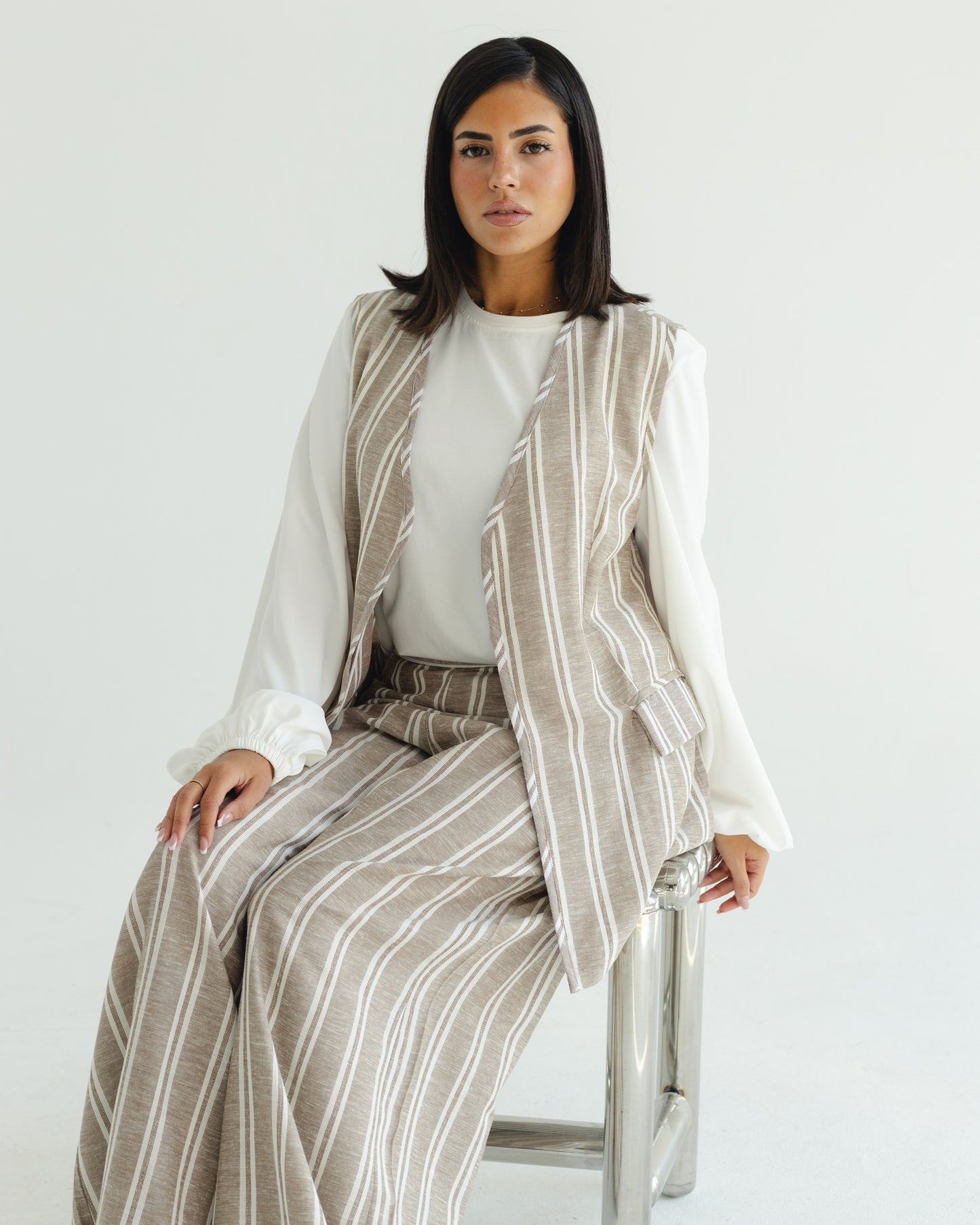 Beige Pinstripe Vest Set