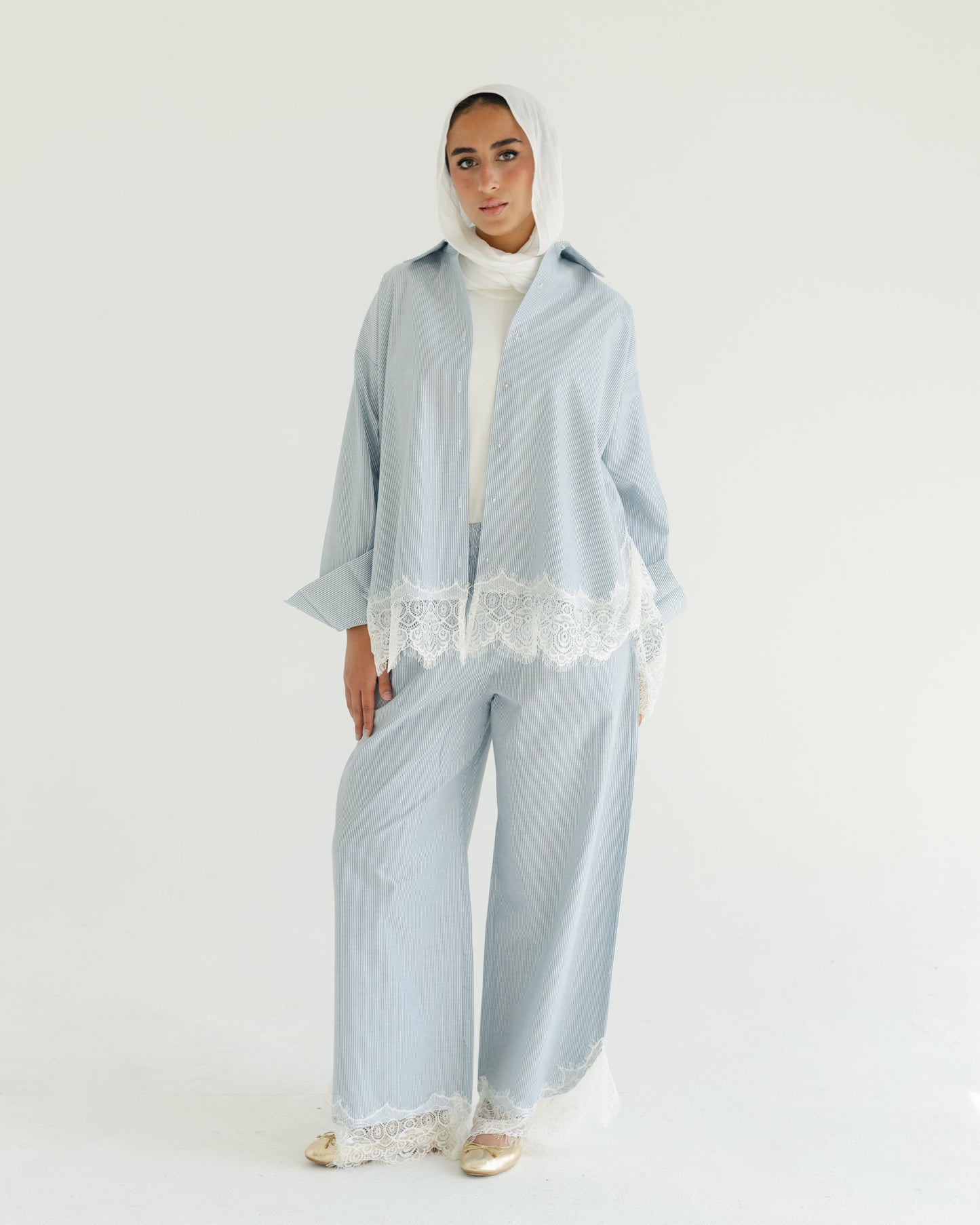 Sky Lace Pinstripe Set