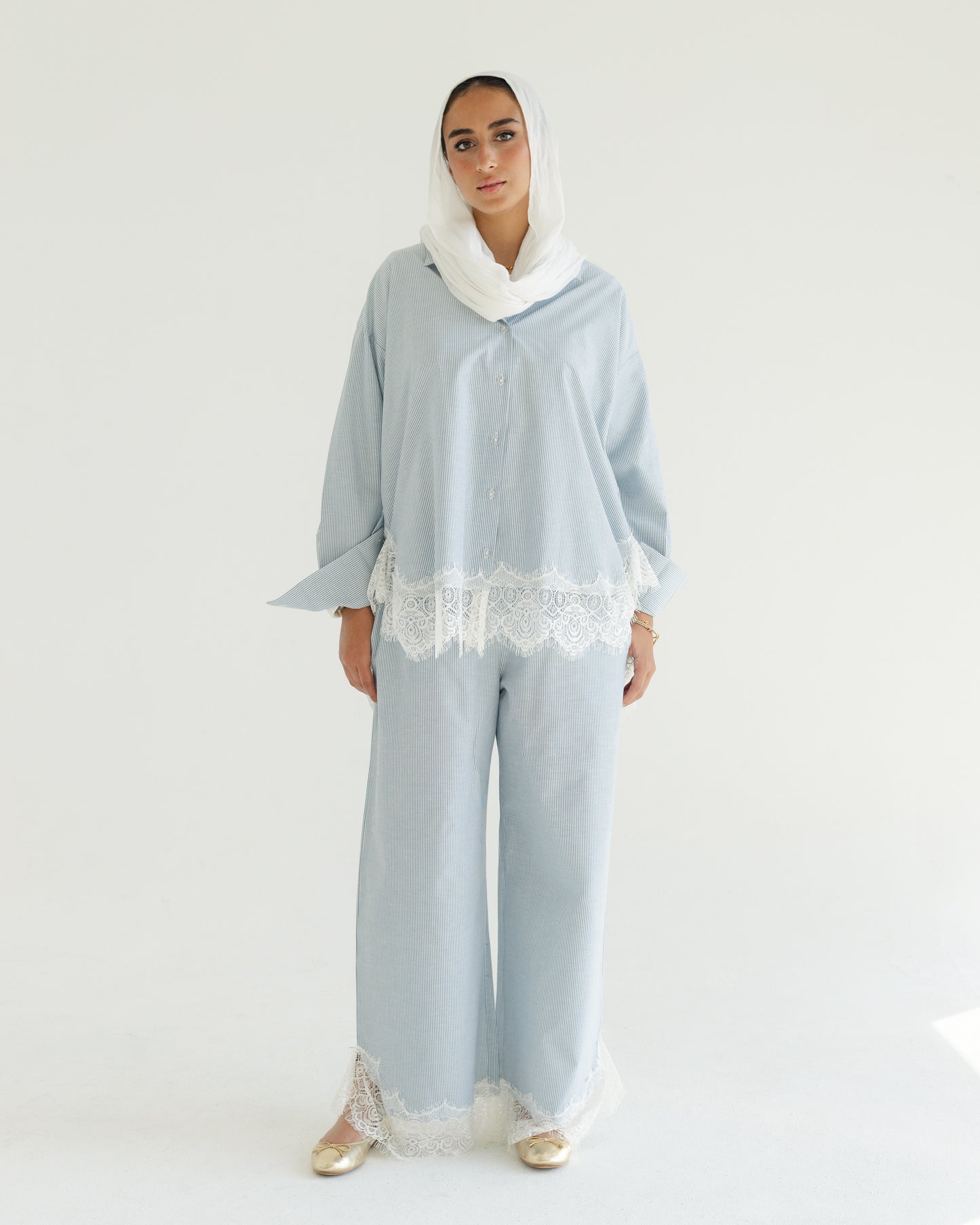 Sky Lace Pinstripe Set