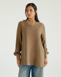 Brown Oversized V-Neck Top