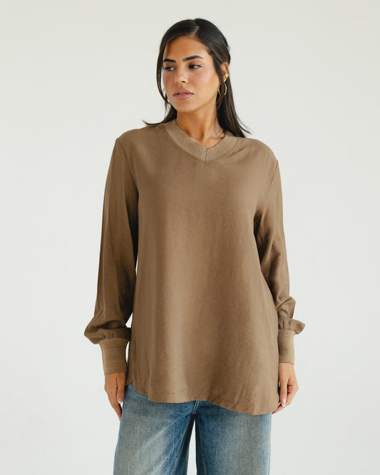 Brown Oversized V-Neck Top