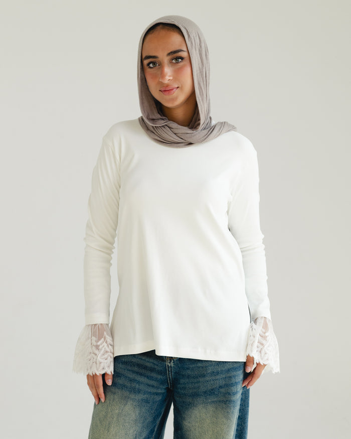White Lace-Cuff Top