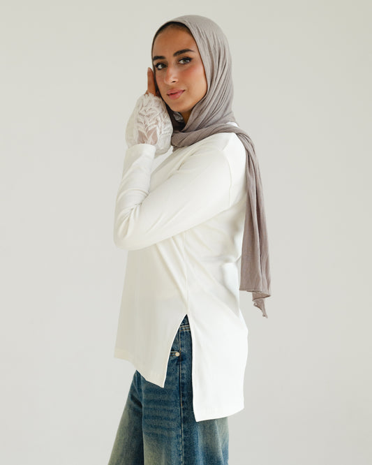 White Lace-Cuff Top