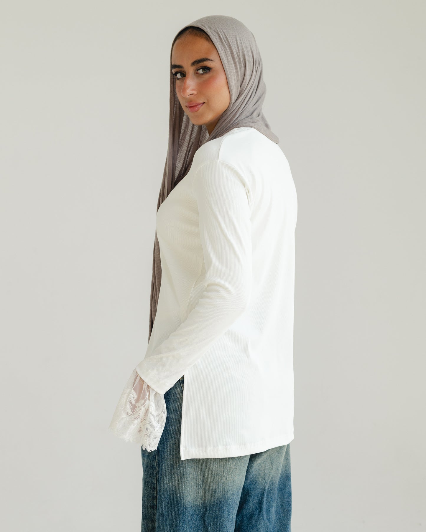 White Lace-Cuff Top