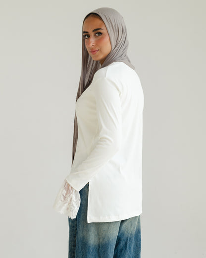 White Lace-Cuff Top