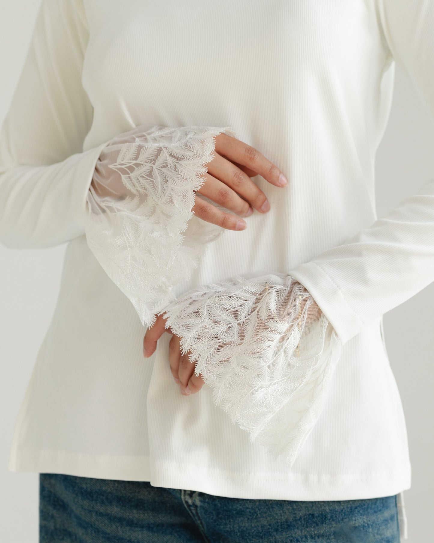 White Lace-Cuff Top