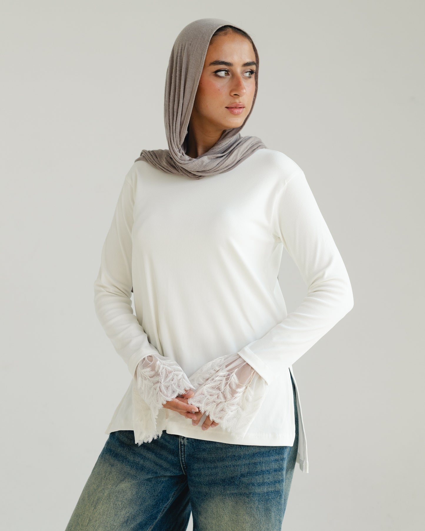 White Lace-Cuff Top