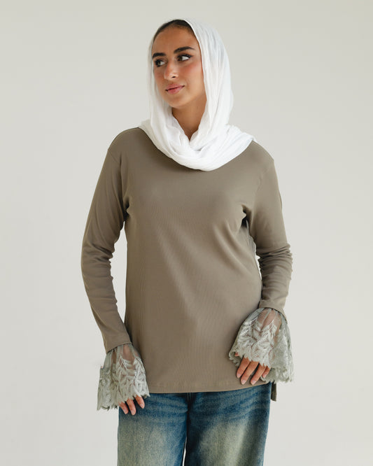 Light Khaki Lace-Cuff Top