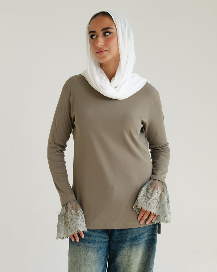 Light Khaki Lace-Cuff Top