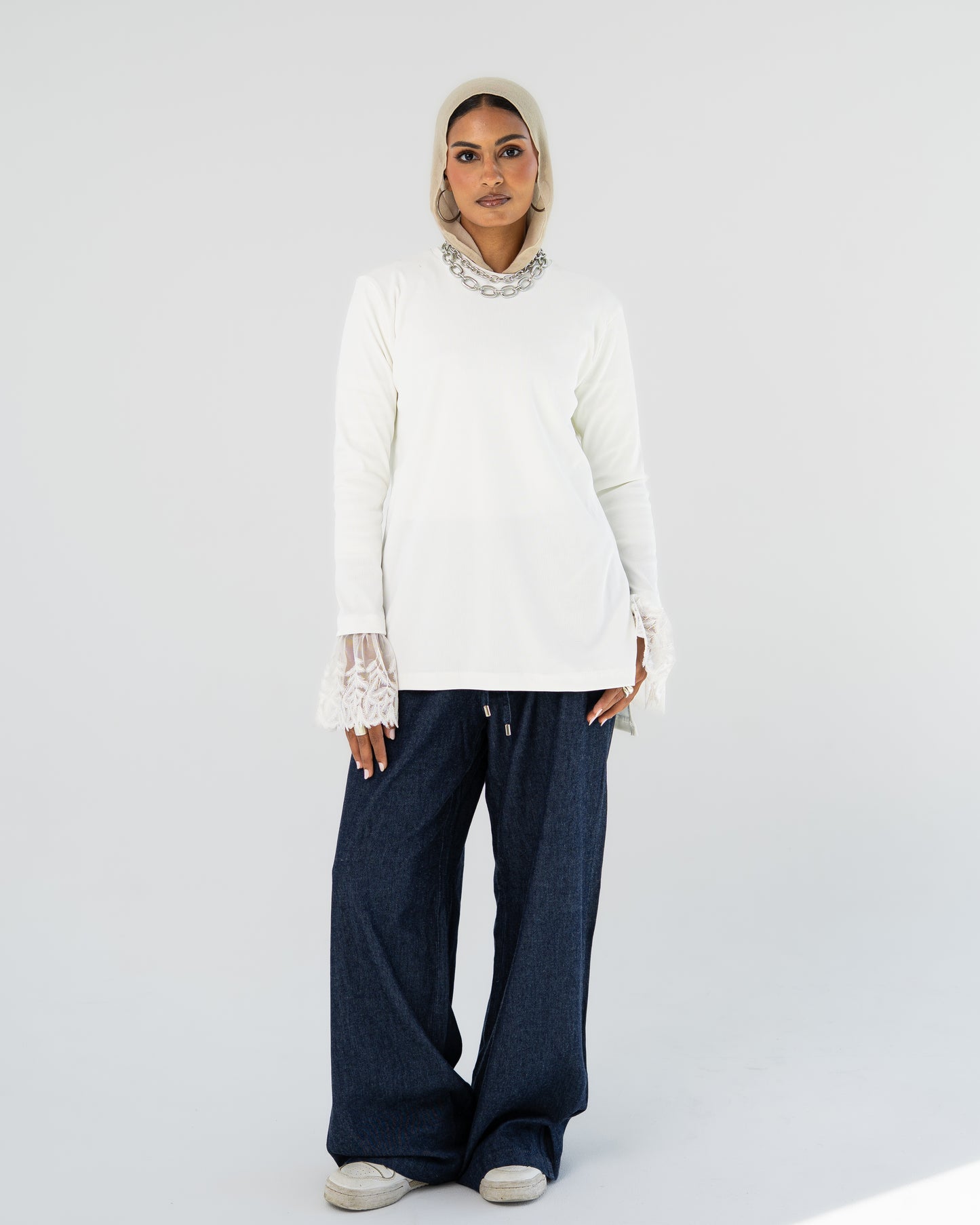 White Lace-Cuff Top