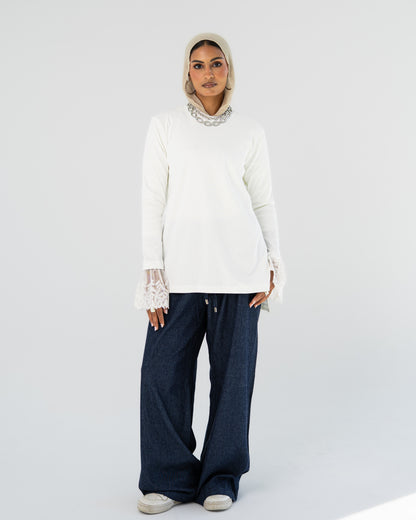 White Lace-Cuff Top