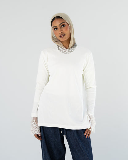 White Lace-Cuff Top