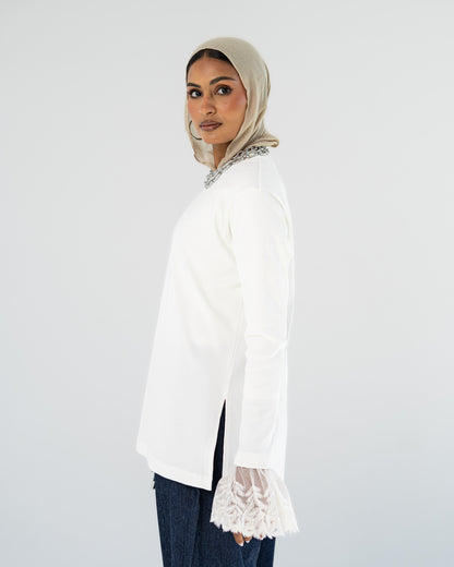 White Lace-Cuff Top