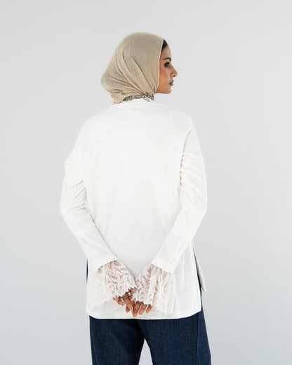 White Lace-Cuff Top