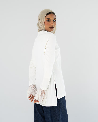 White Lace-Cuff Top