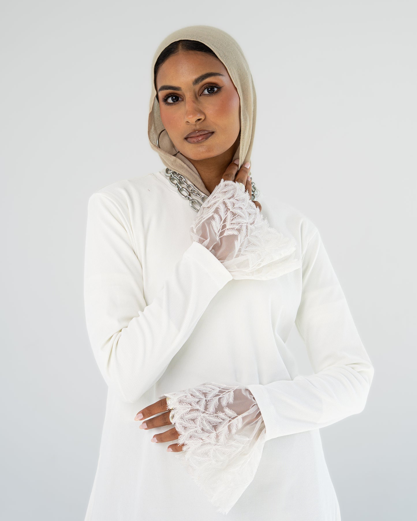 White Lace-Cuff Top