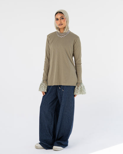 Light Khaki Lace-Cuff Top