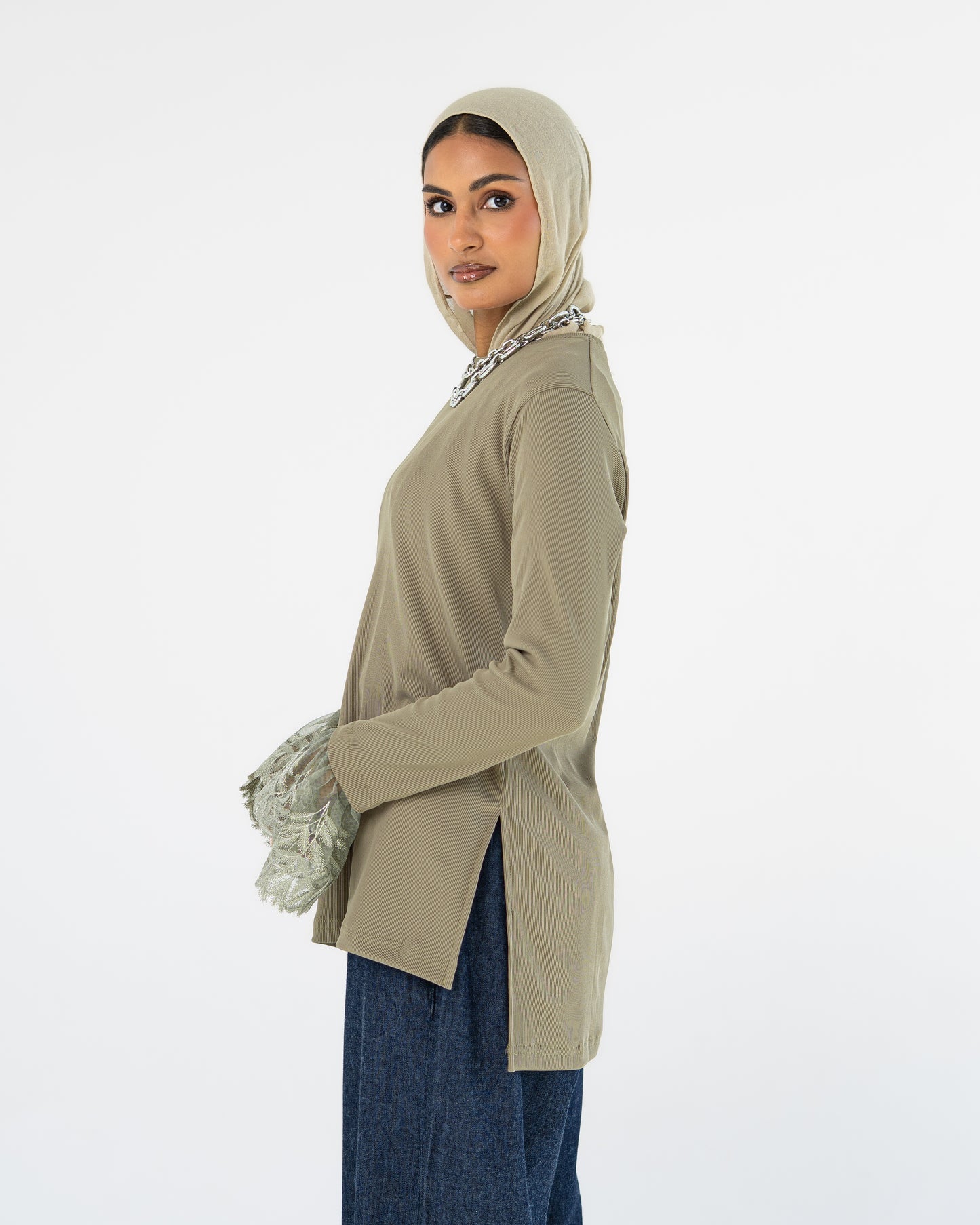 Light Khaki Lace-Cuff Top