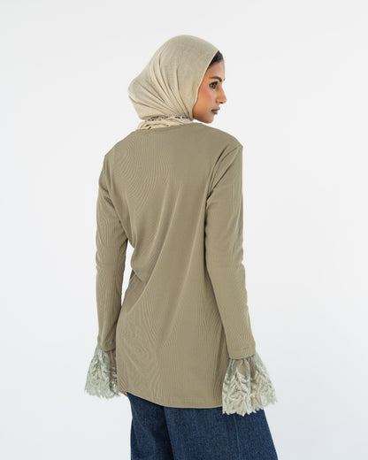 Light Khaki Lace-Cuff Top