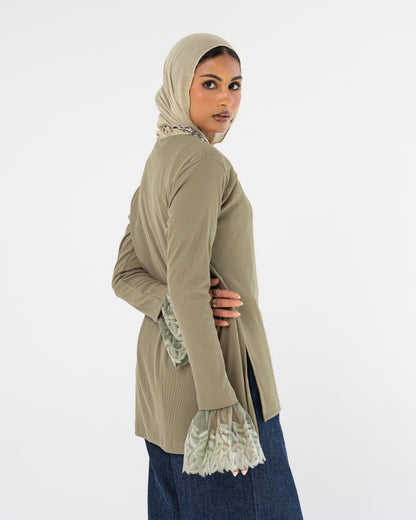 Light Khaki Lace-Cuff Top