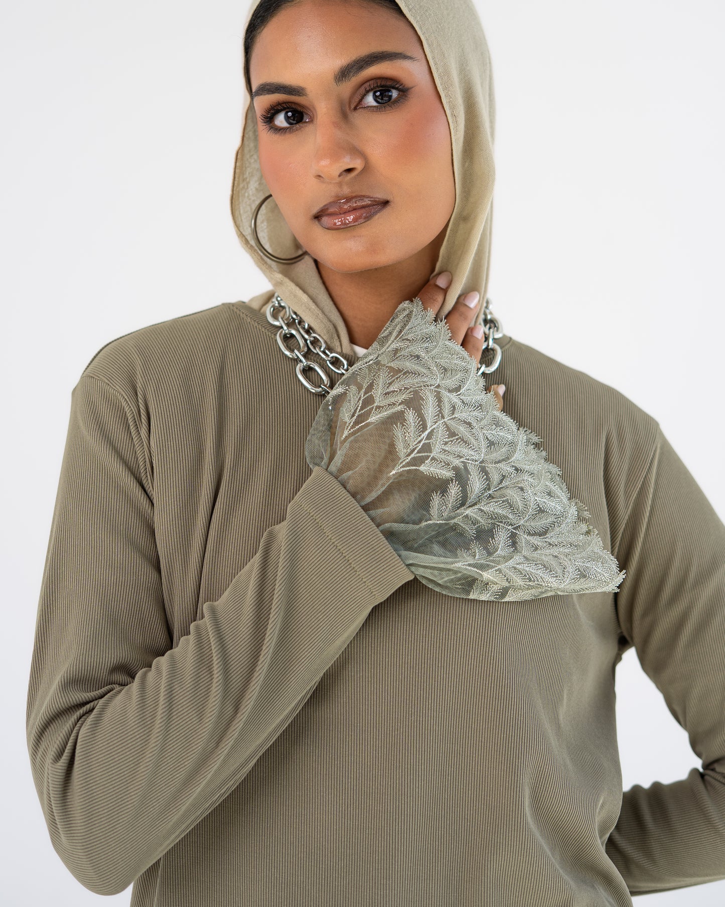 Light Khaki Lace-Cuff Top