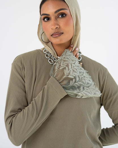 Light Khaki Lace-Cuff Top