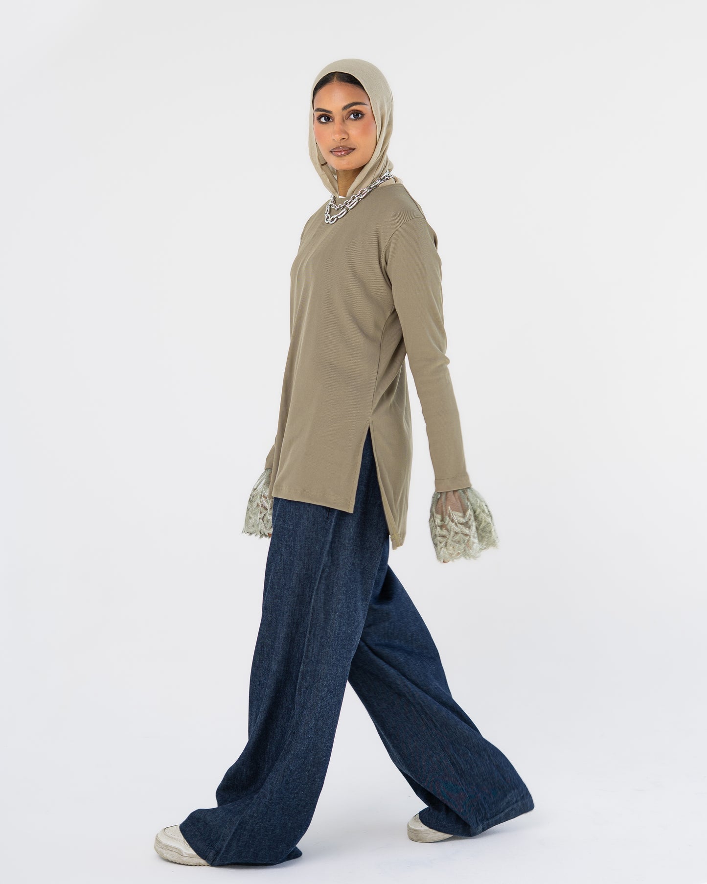 Light Khaki Lace-Cuff Top