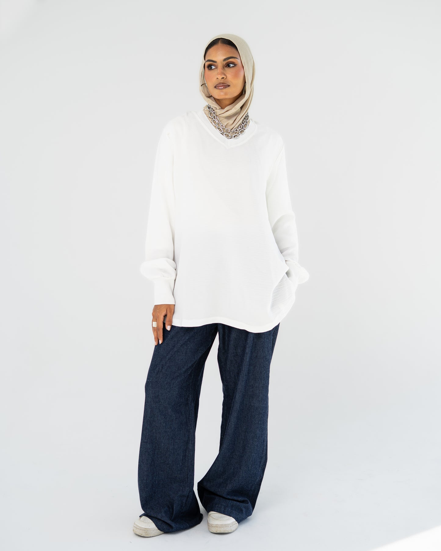 White Oversized V-Neck Top