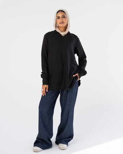 Black Oversized V-Neck Top