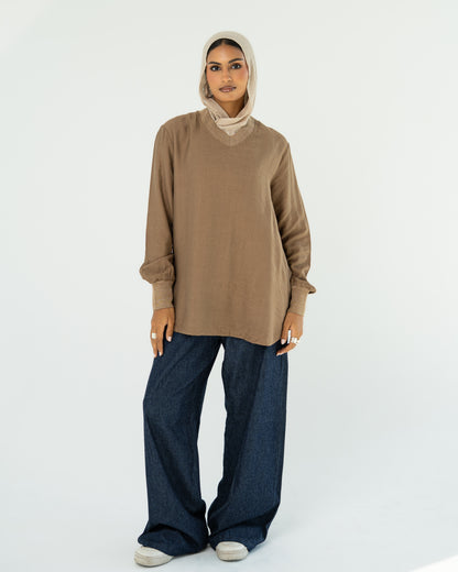 Brown Oversized V-Neck Top