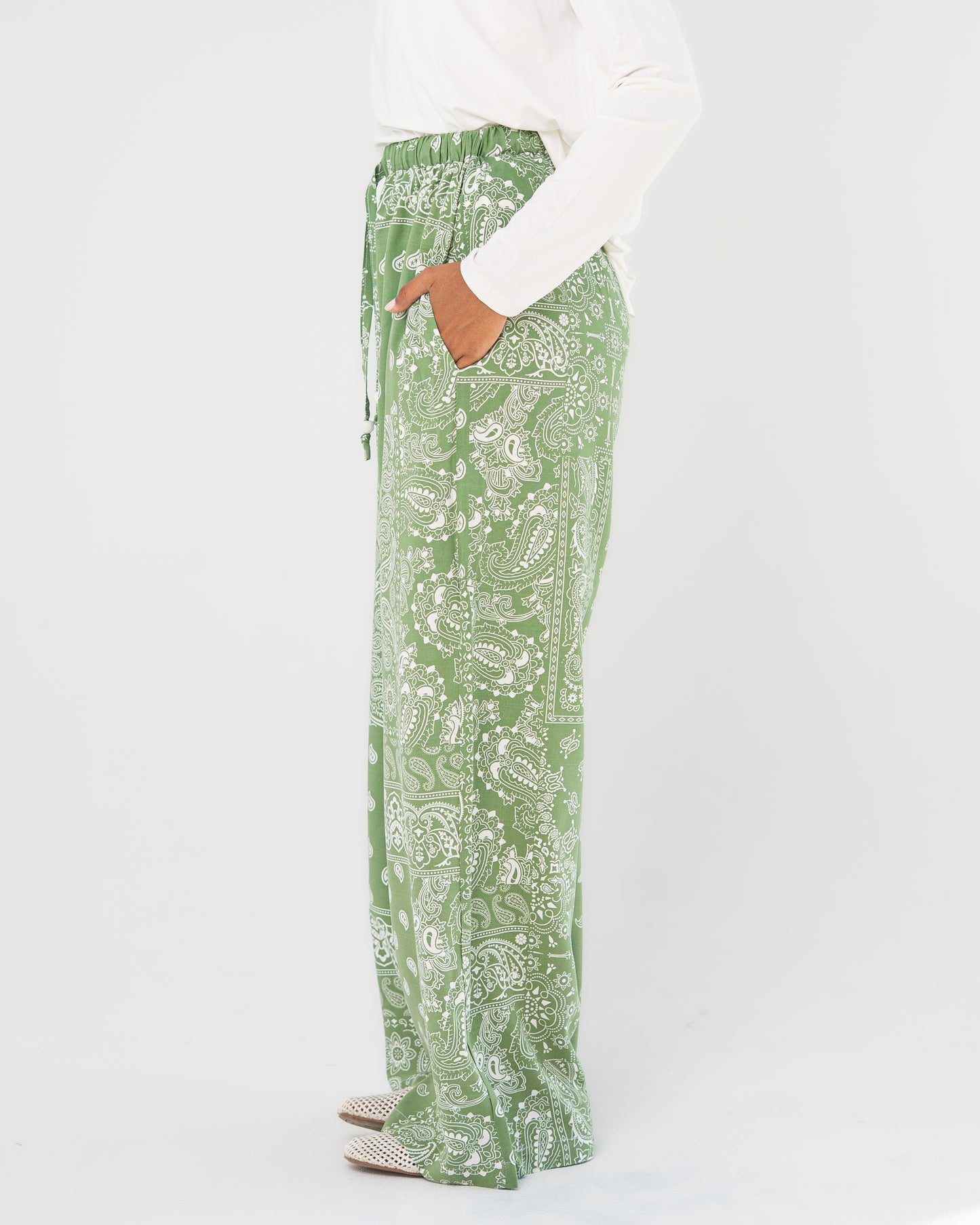 Green Paisley Print Pants