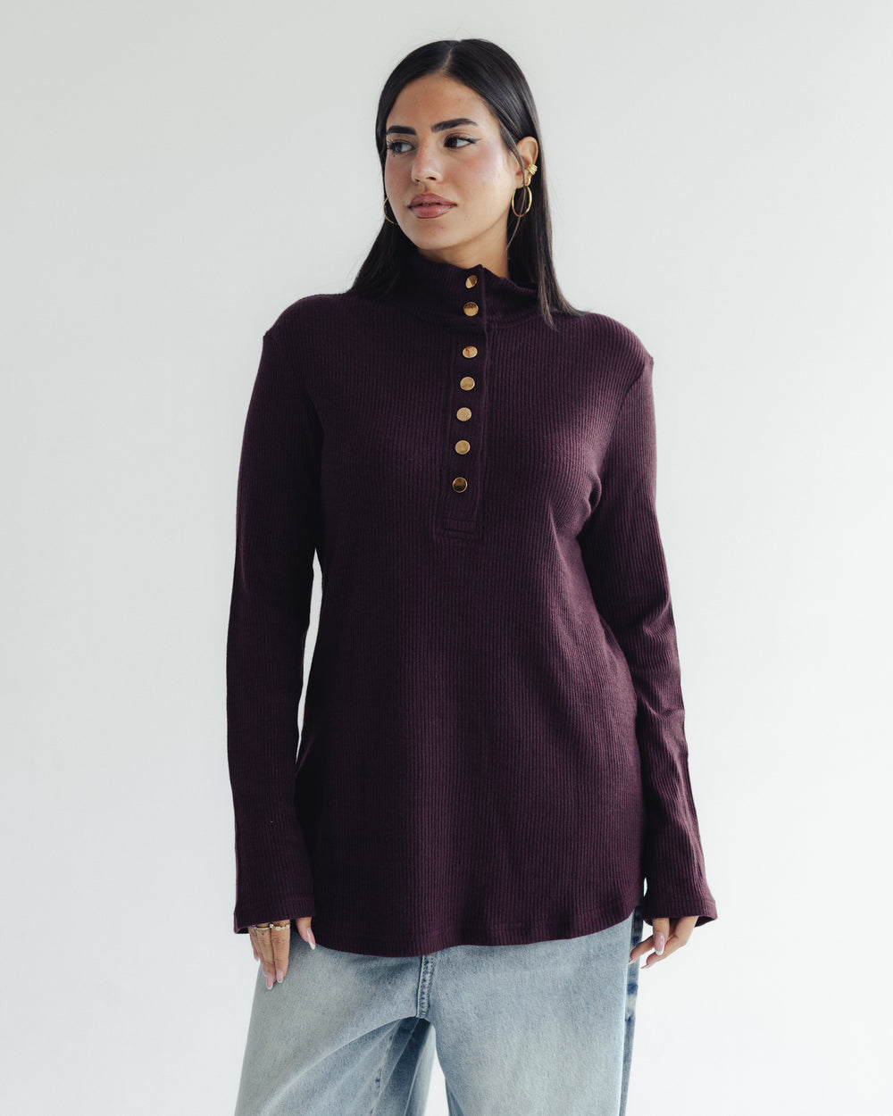Button Henley Top in Burgundy