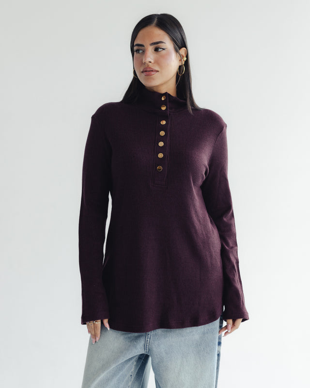 Button Henley Top in Burgundy