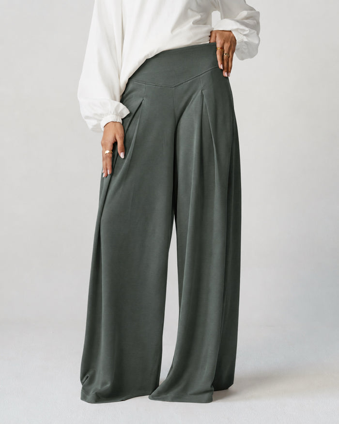 Gray Pleated Wide-Leg Trousers