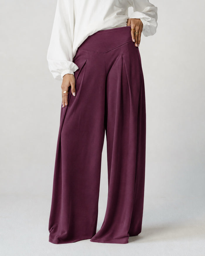 Burgundy Pleated Wide-Leg Trousers