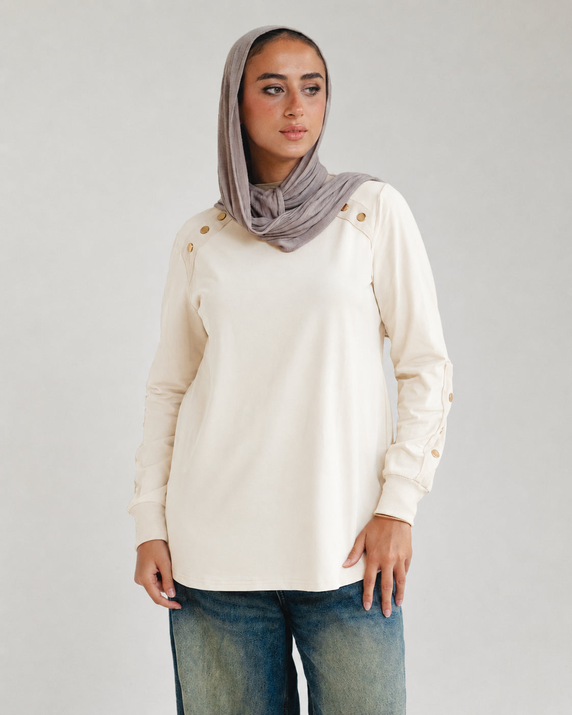 Cream Stud-Shoulder Top