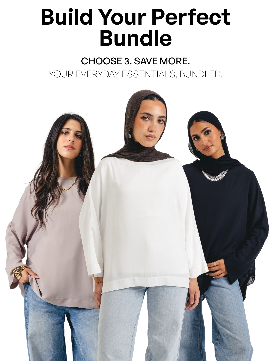 Three women wearing different outfits with text promoting a bundle offer.