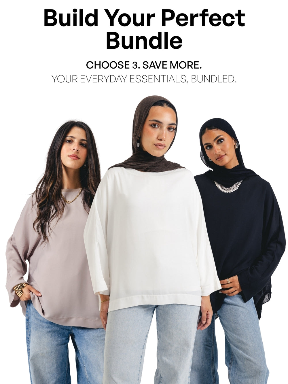 Three women wearing different outfits with text promoting a bundle offer.